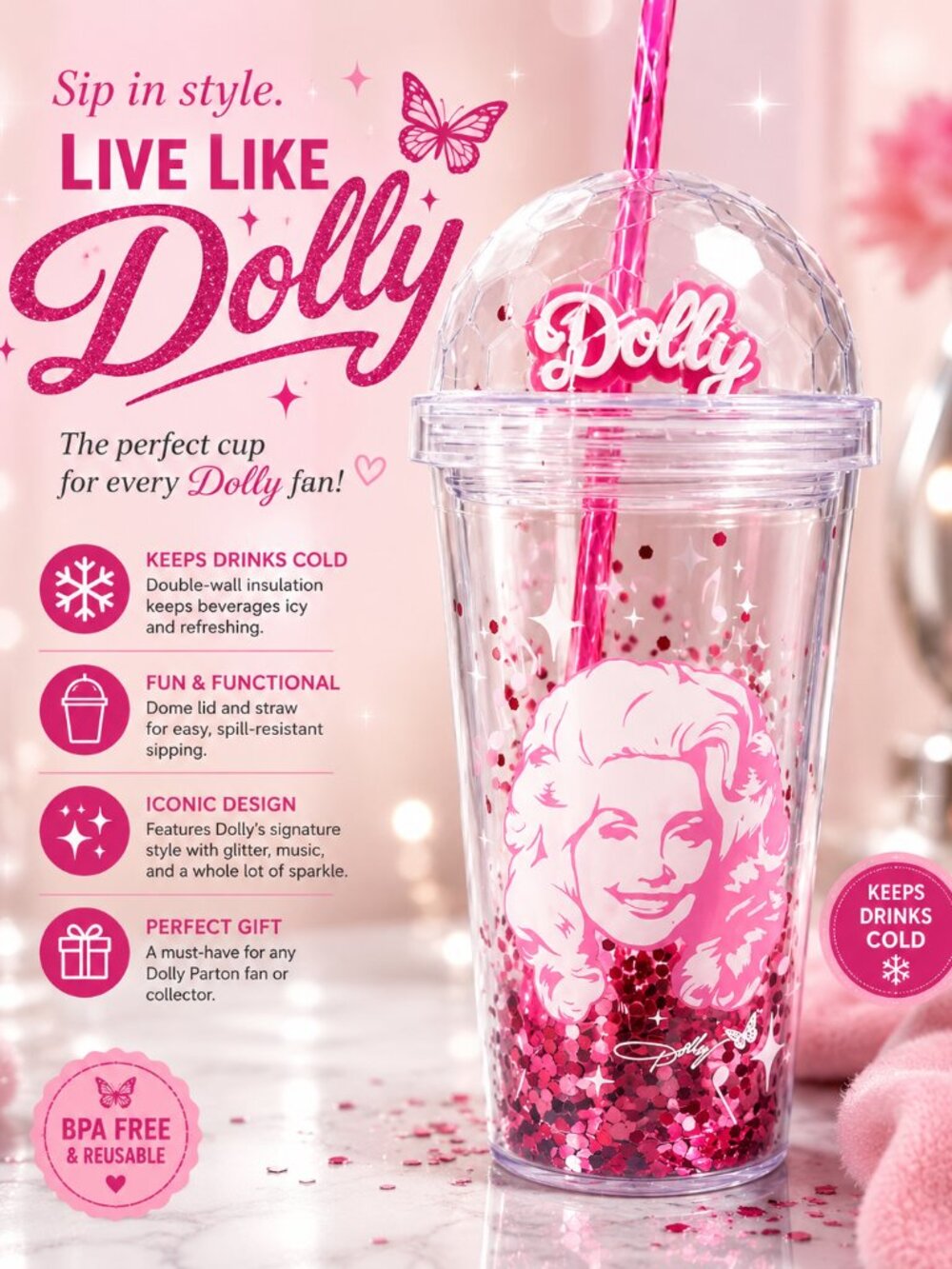 Dolly Parton Tumbler - 16 Oz Dollywood Pink Confetti Cup